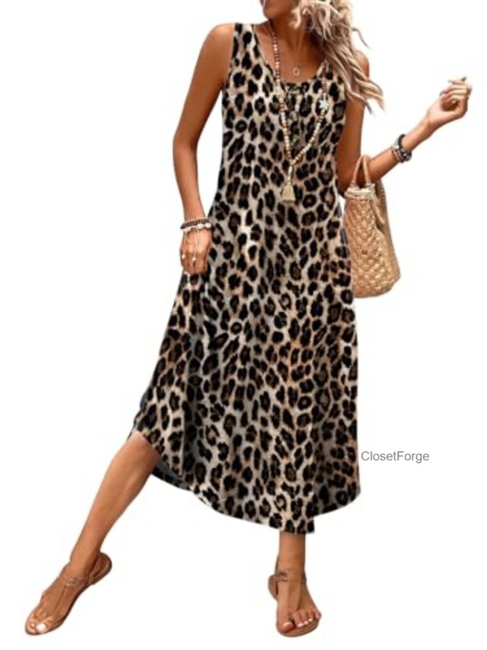 Sleeveless Midi Sundress with Pockets, Button Front Casual Beach Vacation Dress